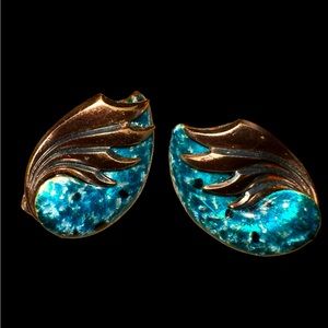 Vintage Matisse Copper with Turquoise Enamel clip on earrings 1.25”